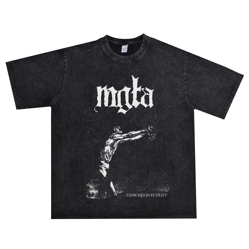 Rock Star T Shirt Mgla Band Washed Distressed T-shirt Short Sleeve Loose Cotton Men and Women