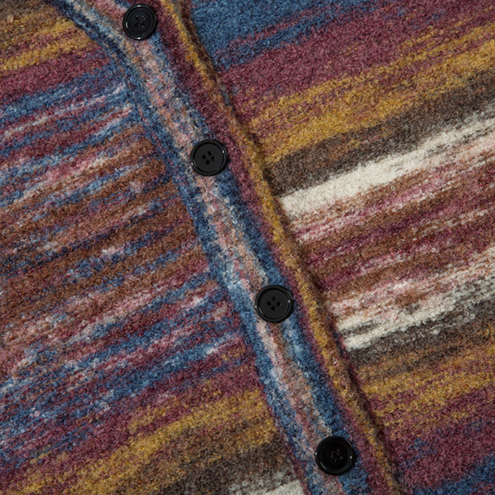 Men Sweater Striped Yarn-Dyed V-neck Cardigan Sweater Couple