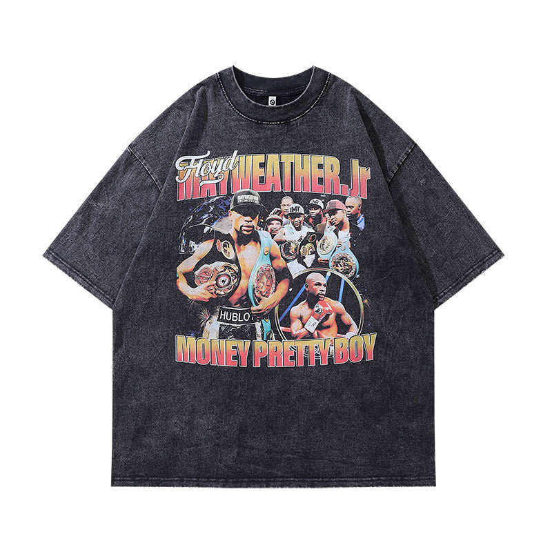 Men T-Shirt NBA Star Cartoon Print Distressed