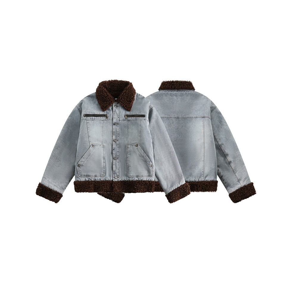 Unisex Coat Lamb Wool Patchwork Denim Jacket