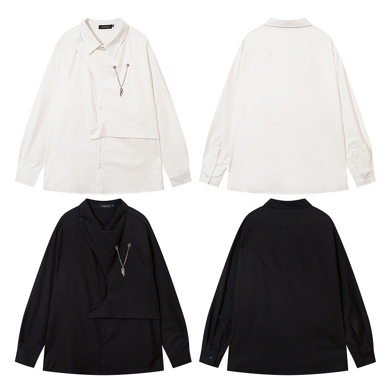 Long Sleeve Shirt Irregular Necklace Oversize Solid Color