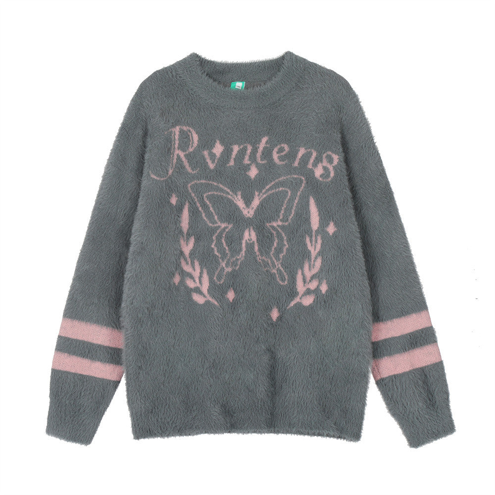 Men Sweater Velvet Padded Sweater Butterfly Jacquard Thickened Sweater