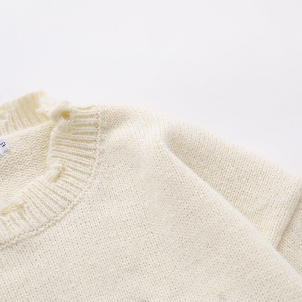 Men Sweater Simple Handmade Ripped round Neck Sweater Loose