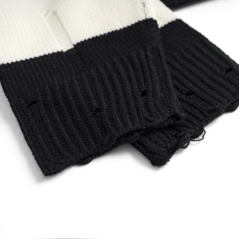 Men Sweater Striped Crocheted Ripped Crew Neck Sweater