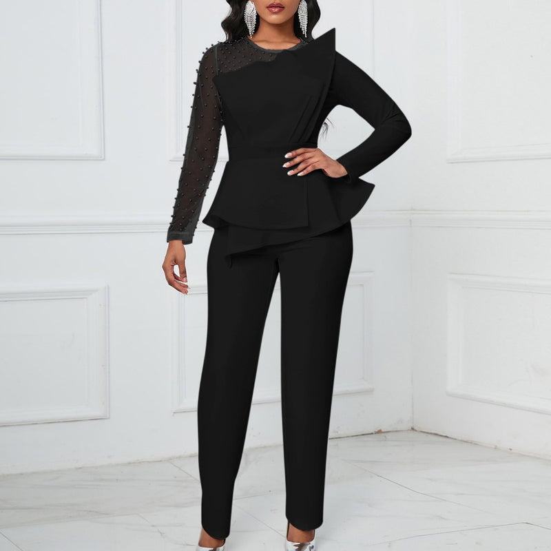Women Co-Ords Long Sleeve Temperament Mesh Stitching Jumpsuit