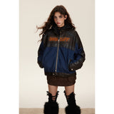 Unisex Coat PU Leather Patchwork Denim Jacket Stand Collar