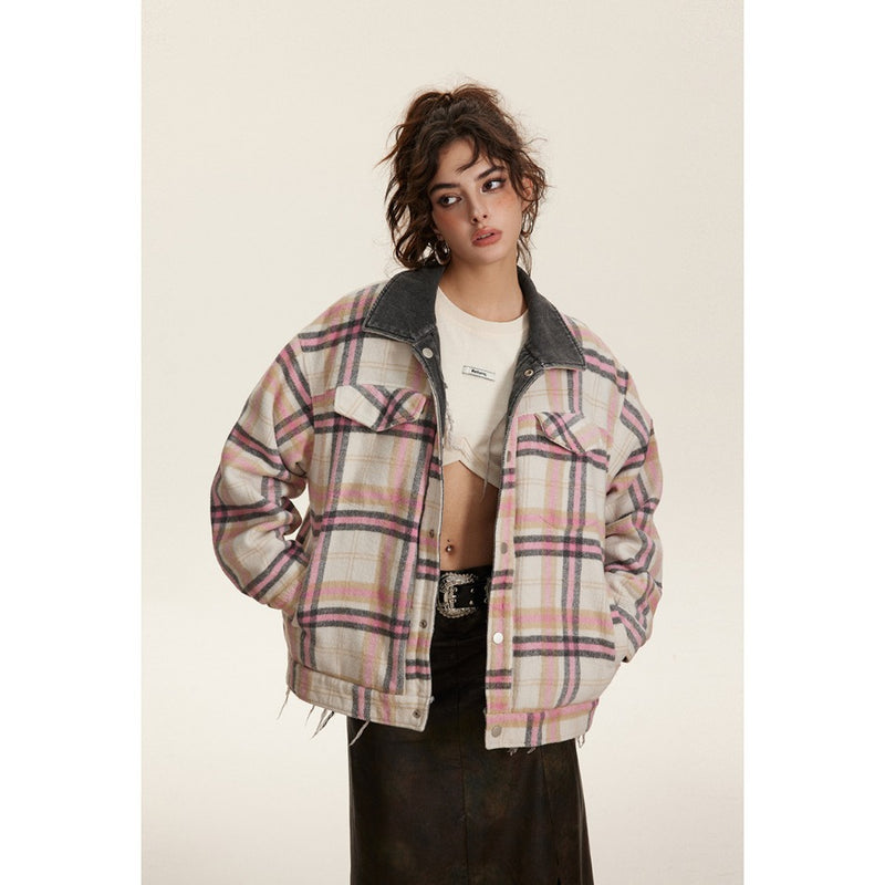 Unisex Coat Plaid Denim Jacket for Winter
