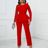 Women Co-Ords Long Sleeve Temperament Mesh Stitching Jumpsuit