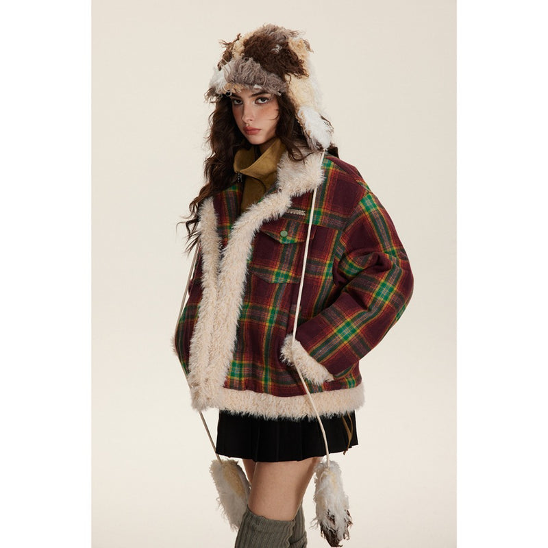 Unisex Coat Vintage Plaid Berber Fleece Coat Loose