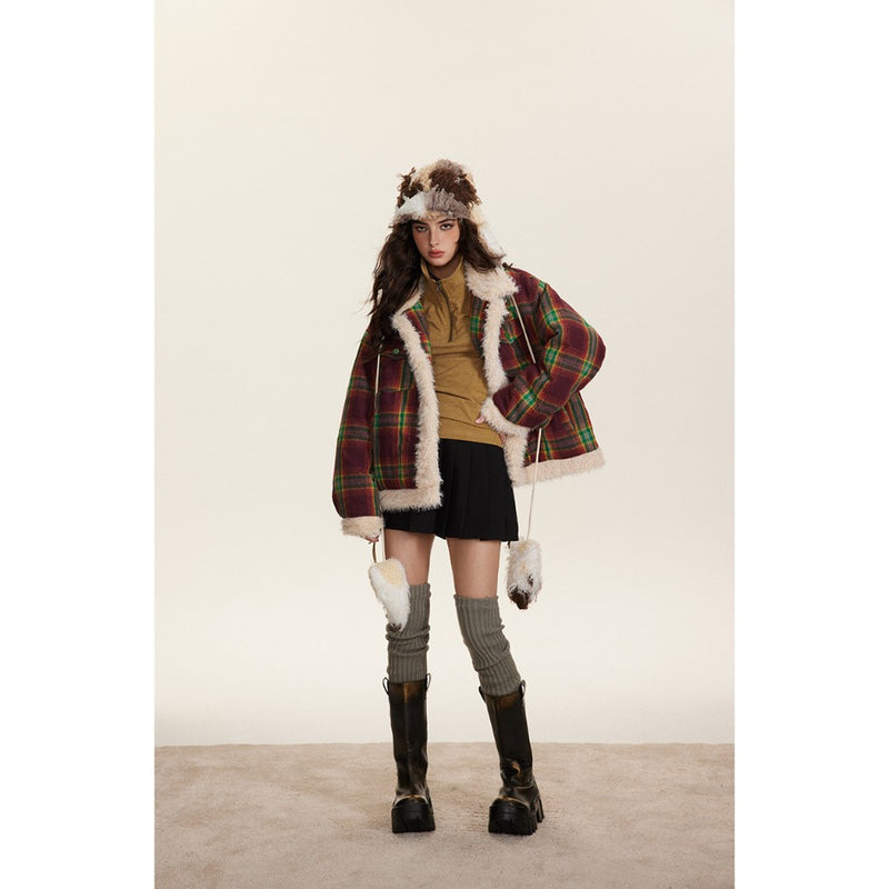 Unisex Coat Vintage Plaid Berber Fleece Coat Loose