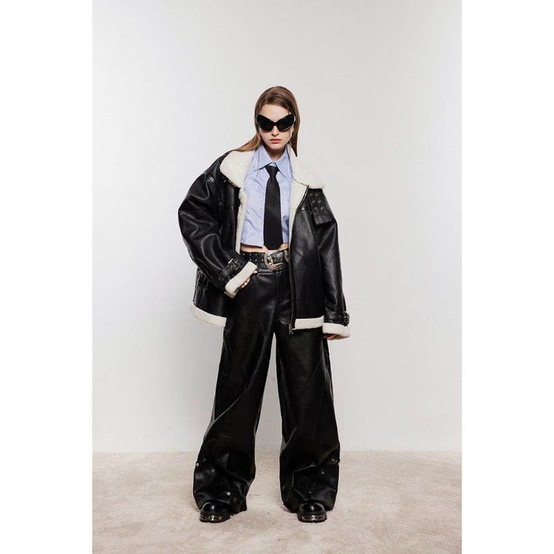 Unisex Coat Lamb Fur Lapel Winter PU Leather