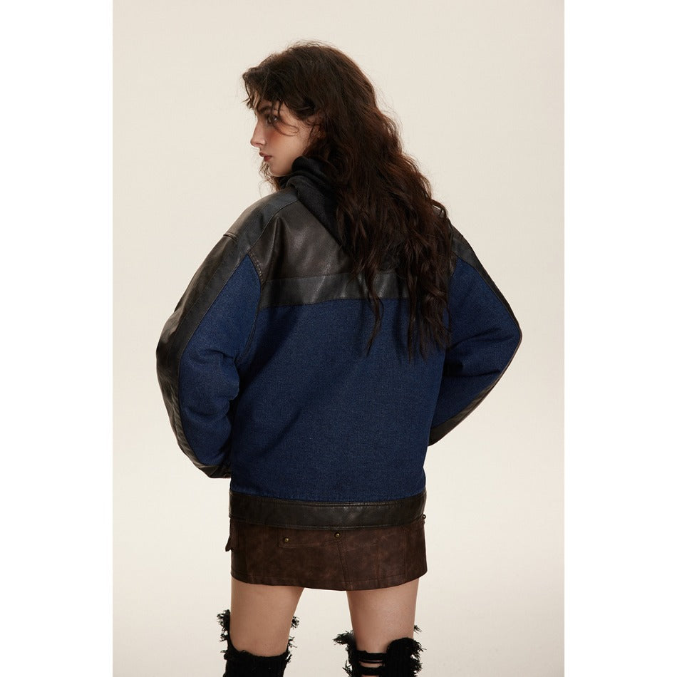 Unisex Coat PU Leather Patchwork Denim Jacket Stand Collar