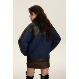 Unisex Coat PU Leather Patchwork Denim Jacket Stand Collar