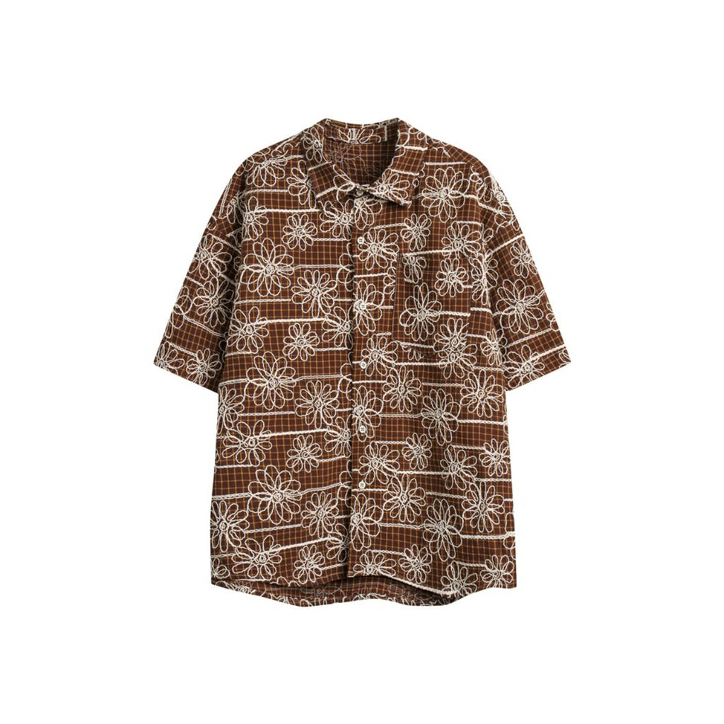 Unisex Shirt Embroidered Plaid Loose Hawaii