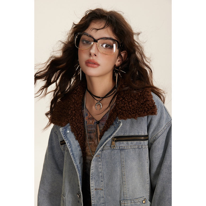 Unisex Coat Lamb Wool Patchwork Denim Jacket