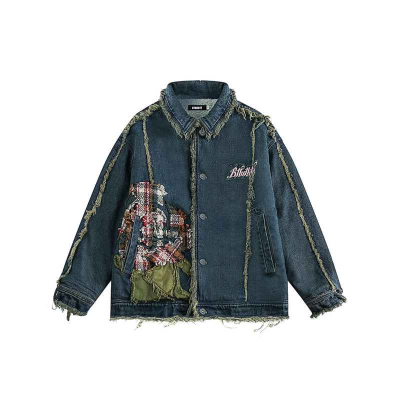 Unisex Coat Stitching Frayed Hem Denim Jacket