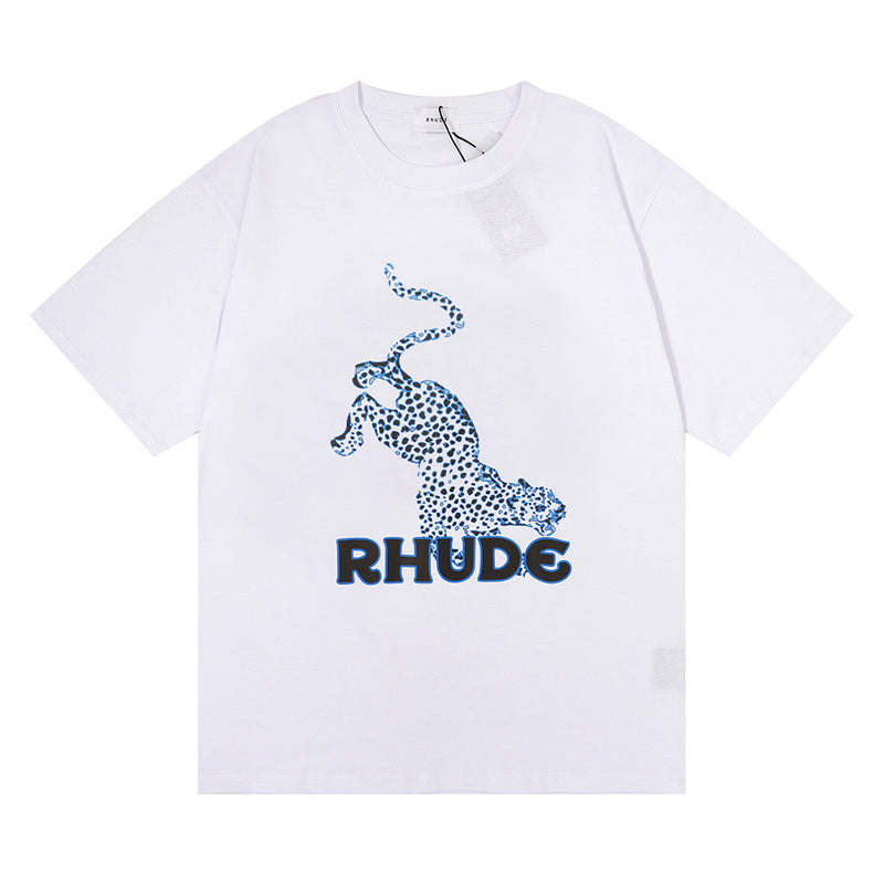Rhude T Shirt Leopard Print Hip Hop Men and Women Couple Loose Casual