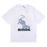 Rhude T Shirt Leopard Print Hip Hop Men and Women Couple Loose Casual