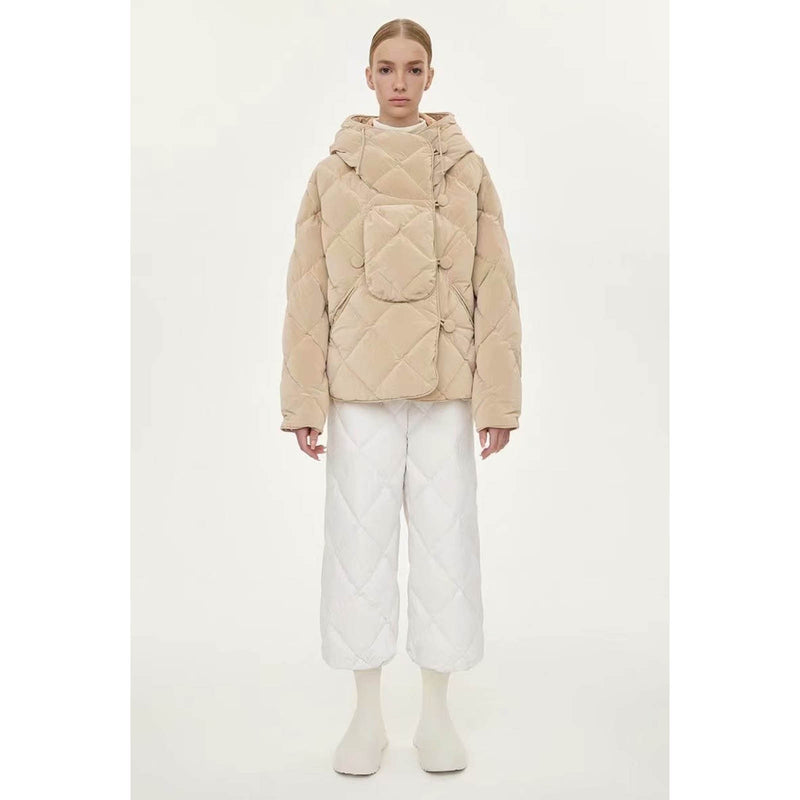 Women Cotton Coat Breasted Loose and Warm Diamond Grid Cotton Jacket