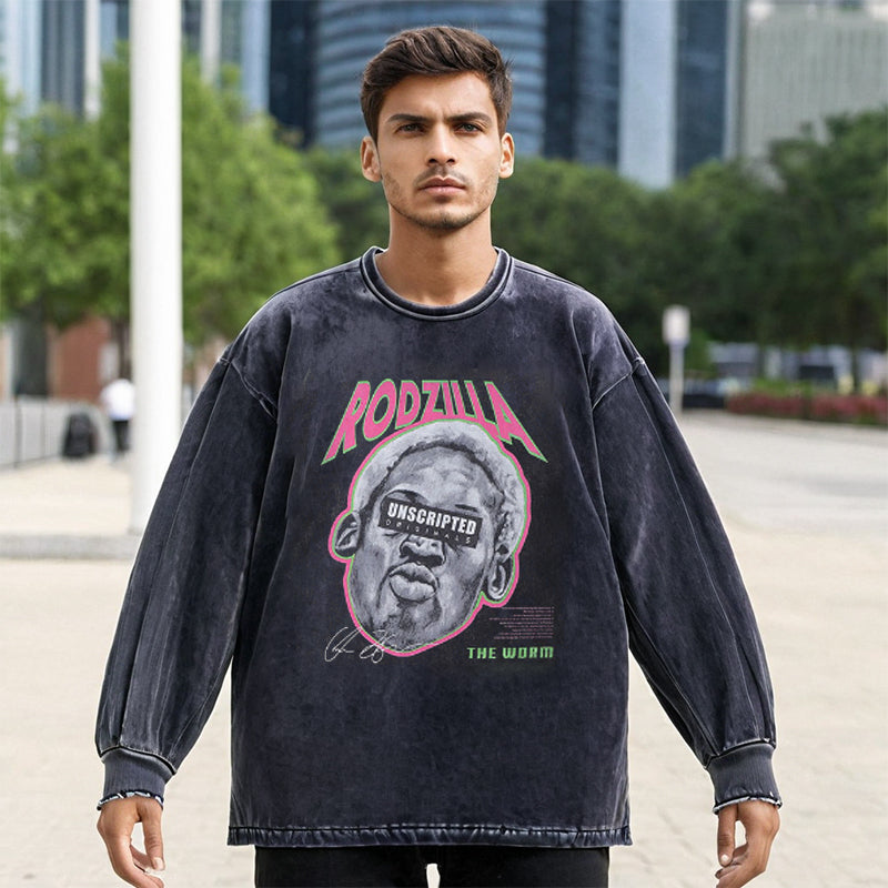 Mens Vintage Long Sleeve Shirt Printed Washed Long Sleeve T-Shirt
