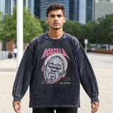 Mens Vintage Long Sleeve Shirt Printed Washed Long Sleeve T-Shirt