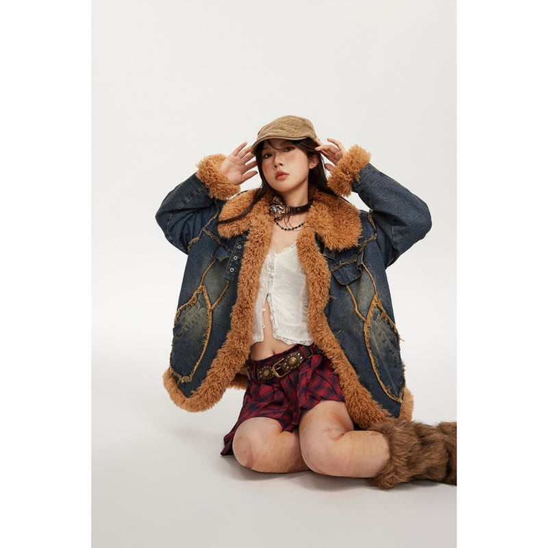 Unisex Coat Lamb Wool Thickened Winter Cotton Dress Denim Coat