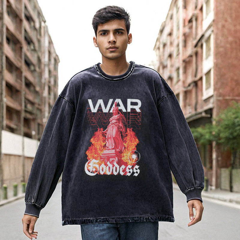 Mens Vintage Long Sleeve Shirt Print Crew Neck Long Sleeve