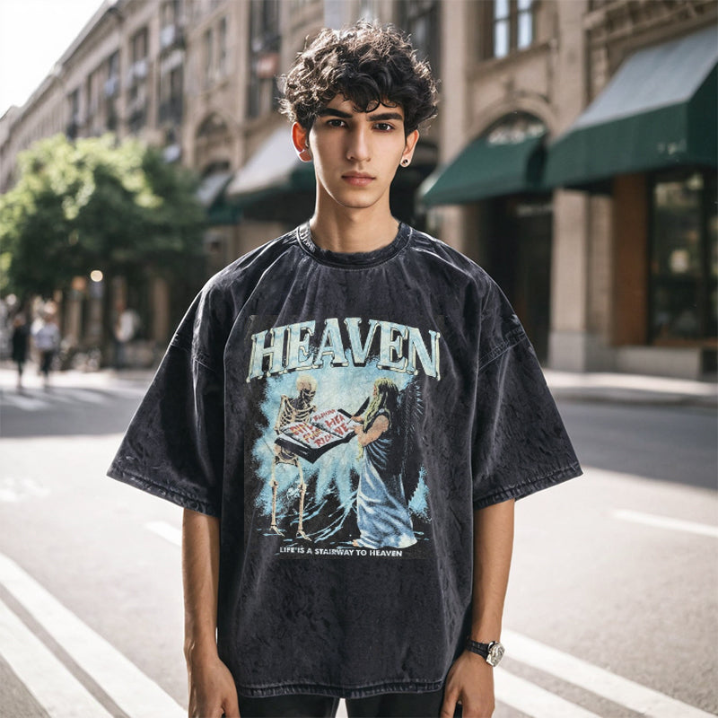 Mens Vintage T Shirt Skull Print Washing Water Crew Neck