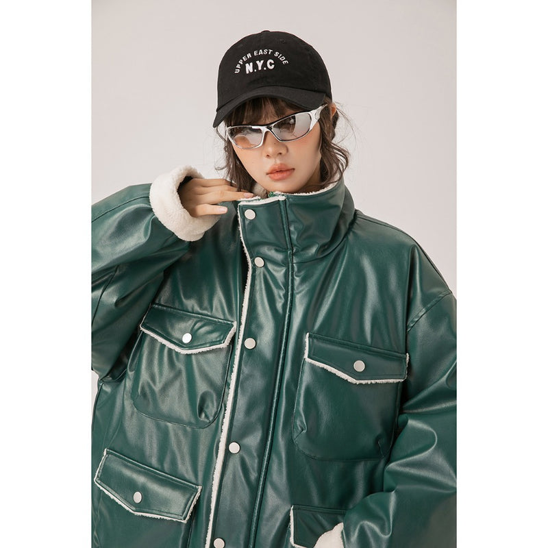 Unisex Coat PU Leather Cotton-Padded Coat Lamb Wool Thickening Stand Collar