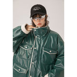 Unisex Coat PU Leather Cotton-Padded Coat Lamb Wool Thickening Stand Collar