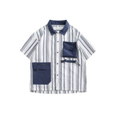 Unisex Shirt Retro Patchwork Three-Dimensional Pocket Loose Stripes