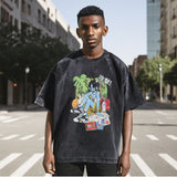 Mens Vintage T Shirt Washed Cartoon Print Short Sleeve