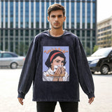 Mens Vintage Long Sleeve Shirt Washed Long Sleeve T-Shirt Men