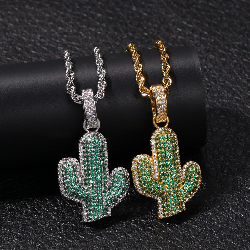 Jewelry Solid Cactus Dense Zircon Pendant Hiphop Necklace Spectrum