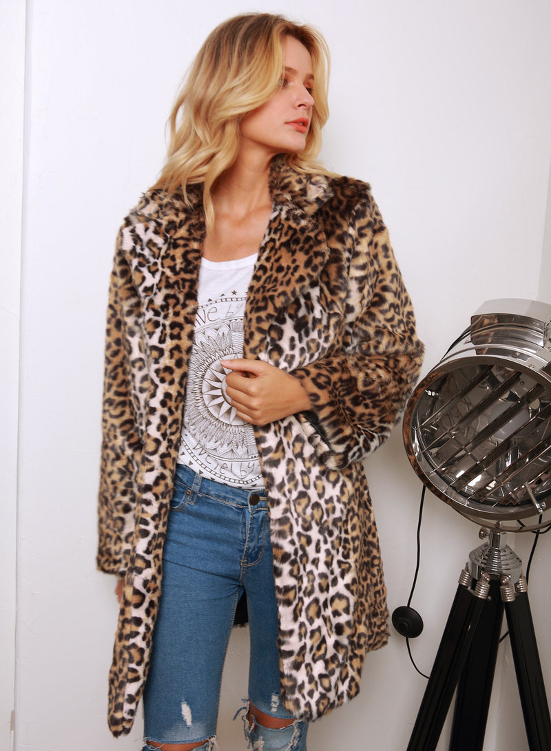 Women Fur Jacket Leopard Print Long Warm Jacket