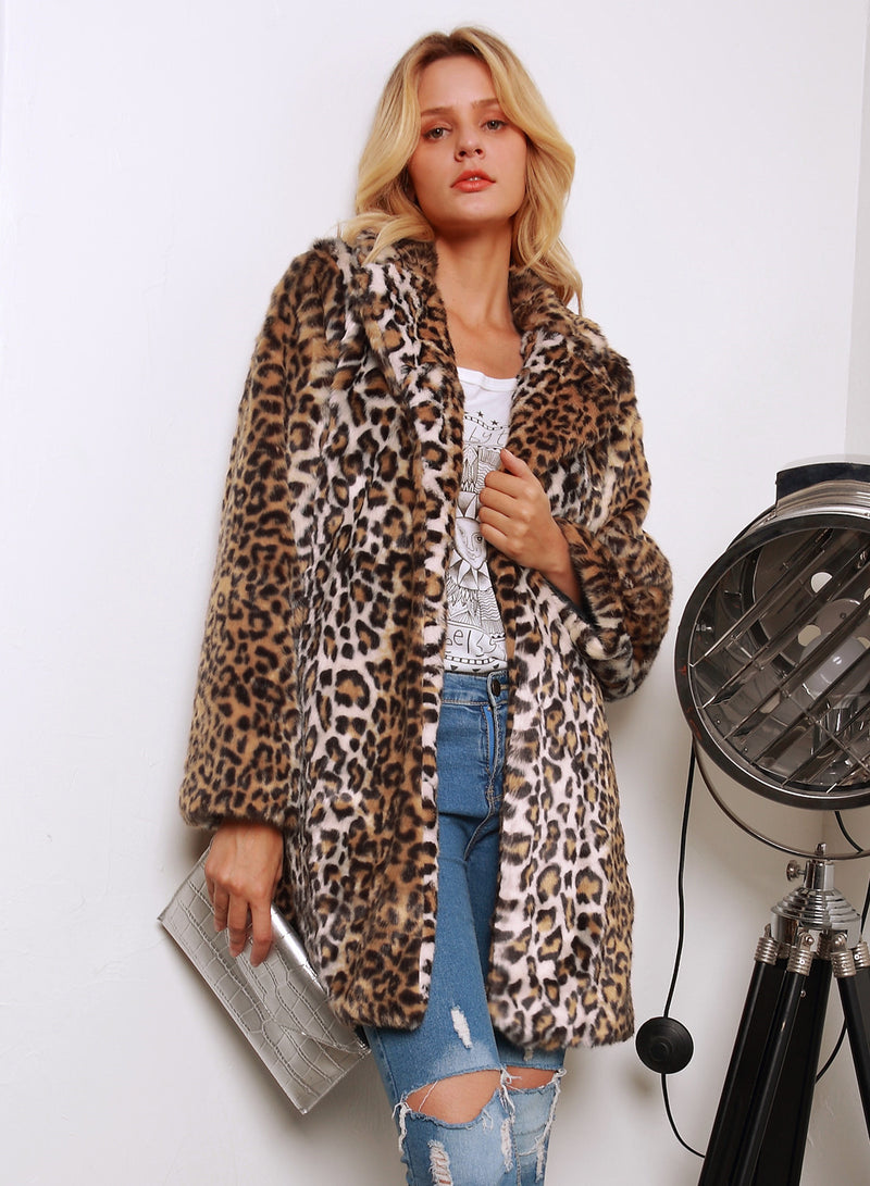 Women Fur Jacket Leopard Print Long Warm Jacket
