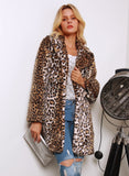 Women Fur Jacket Leopard Print Long Warm Jacket