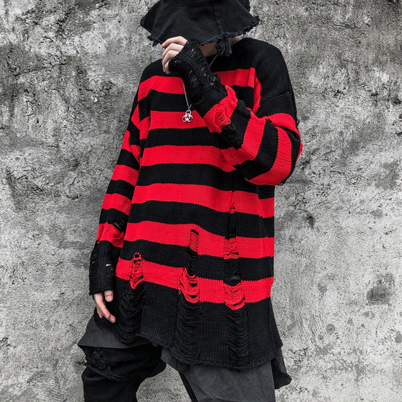 Men Sweater Striped Jacquard Ripped Hollow-out Crew Neck Sweater