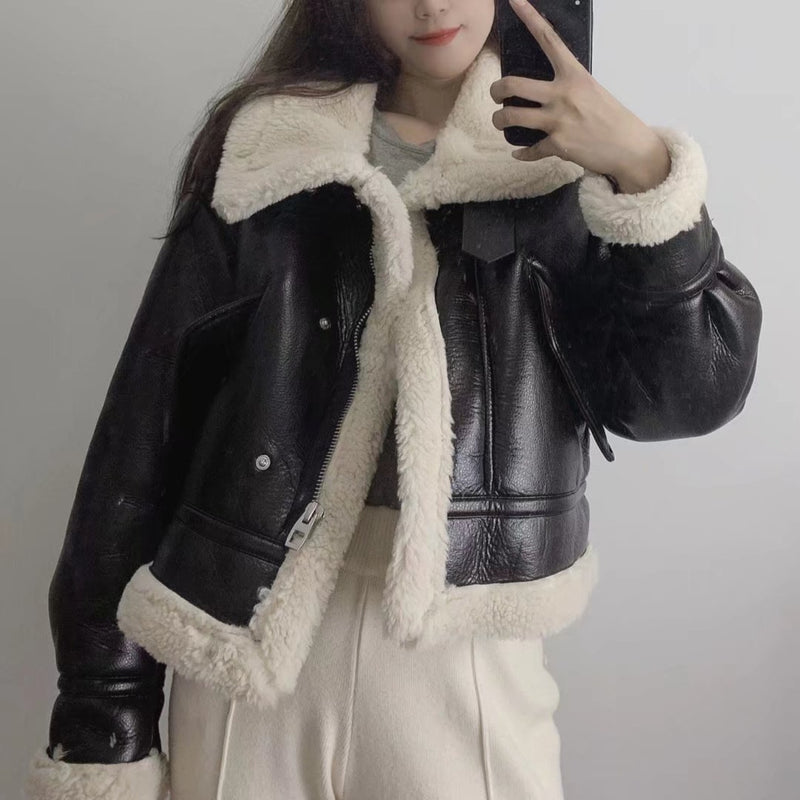 Women Cotton Coat Fleece Imitation Leather Jacket Thick Warm
