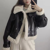 Women Cotton Coat Fleece Imitation Leather Jacket Thick Warm