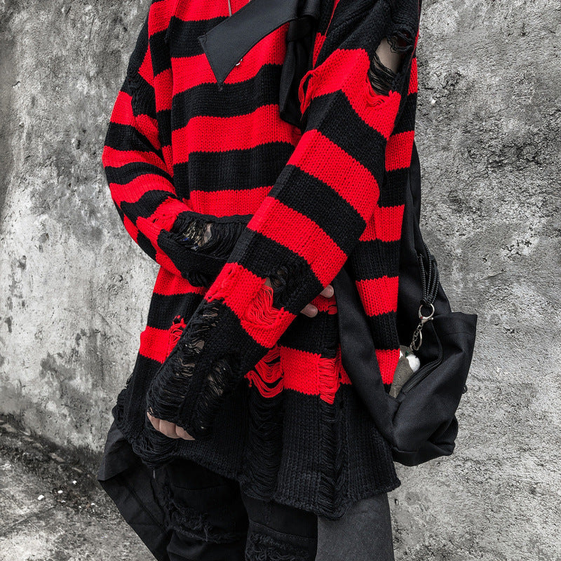 Men Sweater Striped Jacquard Ripped Hollow-out Crew Neck Sweater