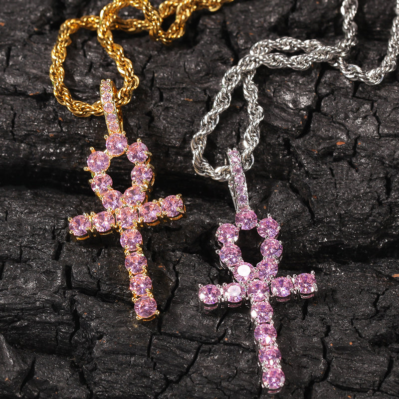 Jewelry Hip Hop Necklace with Pink Zircon Egyptian Anhe Key Cross Pendant Egypt Pieces Crosses Spectrum St. Valentine's