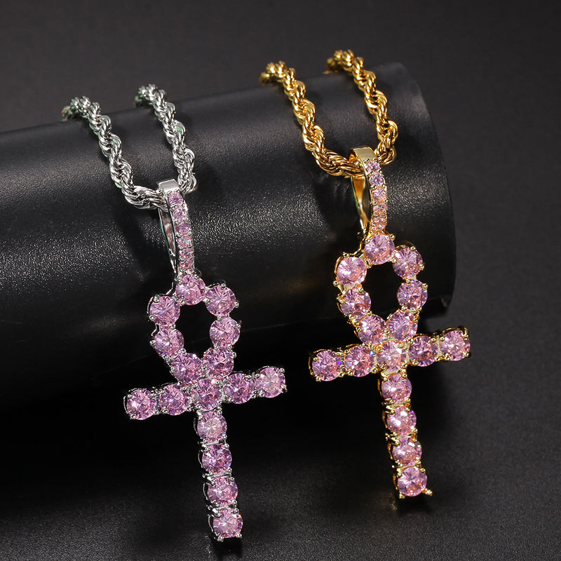 Jewelry Hip Hop Necklace with Pink Zircon Egyptian Anhe Key Cross Pendant Egypt Pieces Crosses Spectrum St. Valentine's