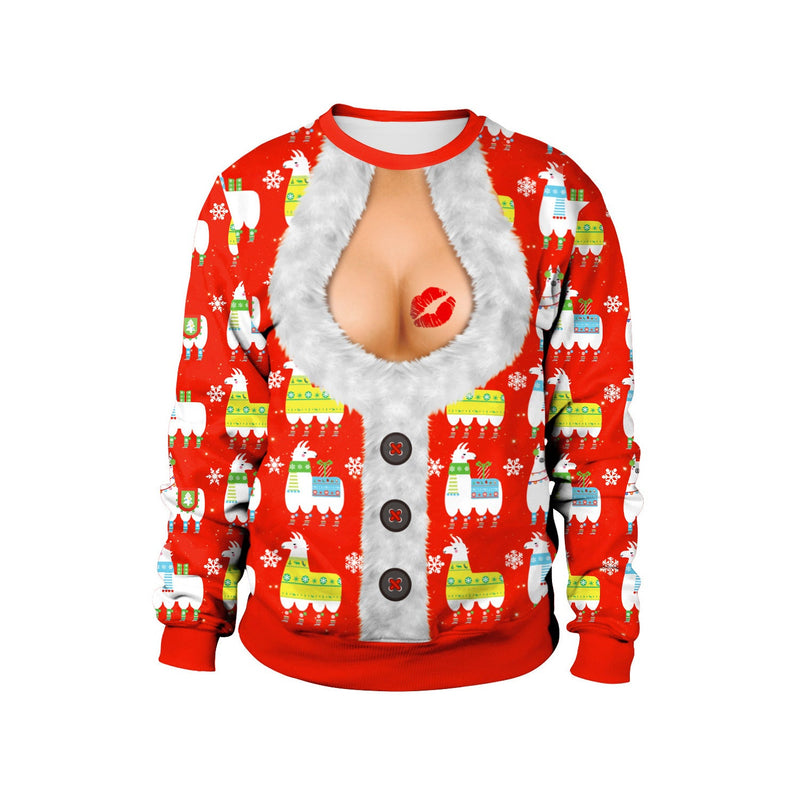 Ugly Christmas Sweater Festival Spoof Sexy Navel Hair 3D Digital Printed round Neck Pullover Couple Sweater
