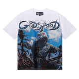 Godspeed T Shirts Blue Sky White Clouds Poppy Skull Planting Printing Cotton Casual Short Sleeves Men and Women
