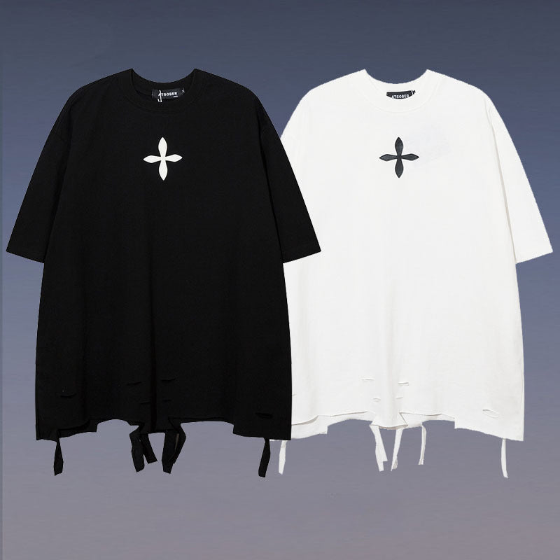 Men T-Shirt Cross Irregular Ripped