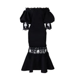 Women Dress Puff Sleeve Lace Stitching Dress