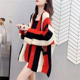Women Knitted Cardigan Stripes Oversized Loose Coat
