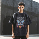 Mens Vintage T Shirt Butterfly Print Neckline Short Sleeve