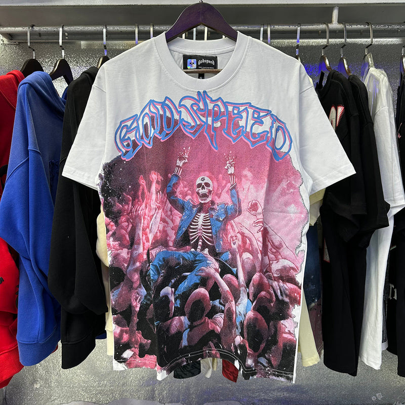 Godspeed T Shirts Skeletons Crowd Printed Cotton Casual Short Sleeves Men and Women